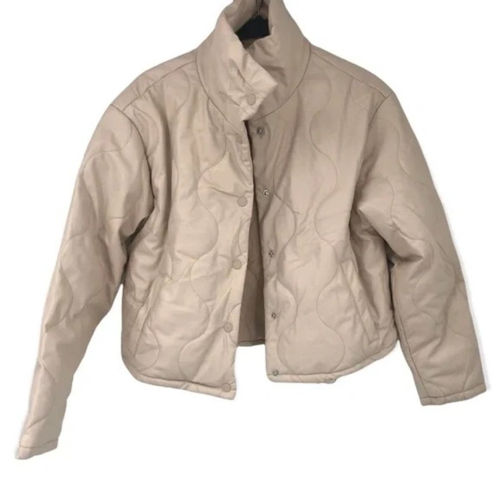 SOLD! NEW Zara Quilted Faux Ecru Leather High Neck Down Puffer Jacket Coat - Picture 8 of 9